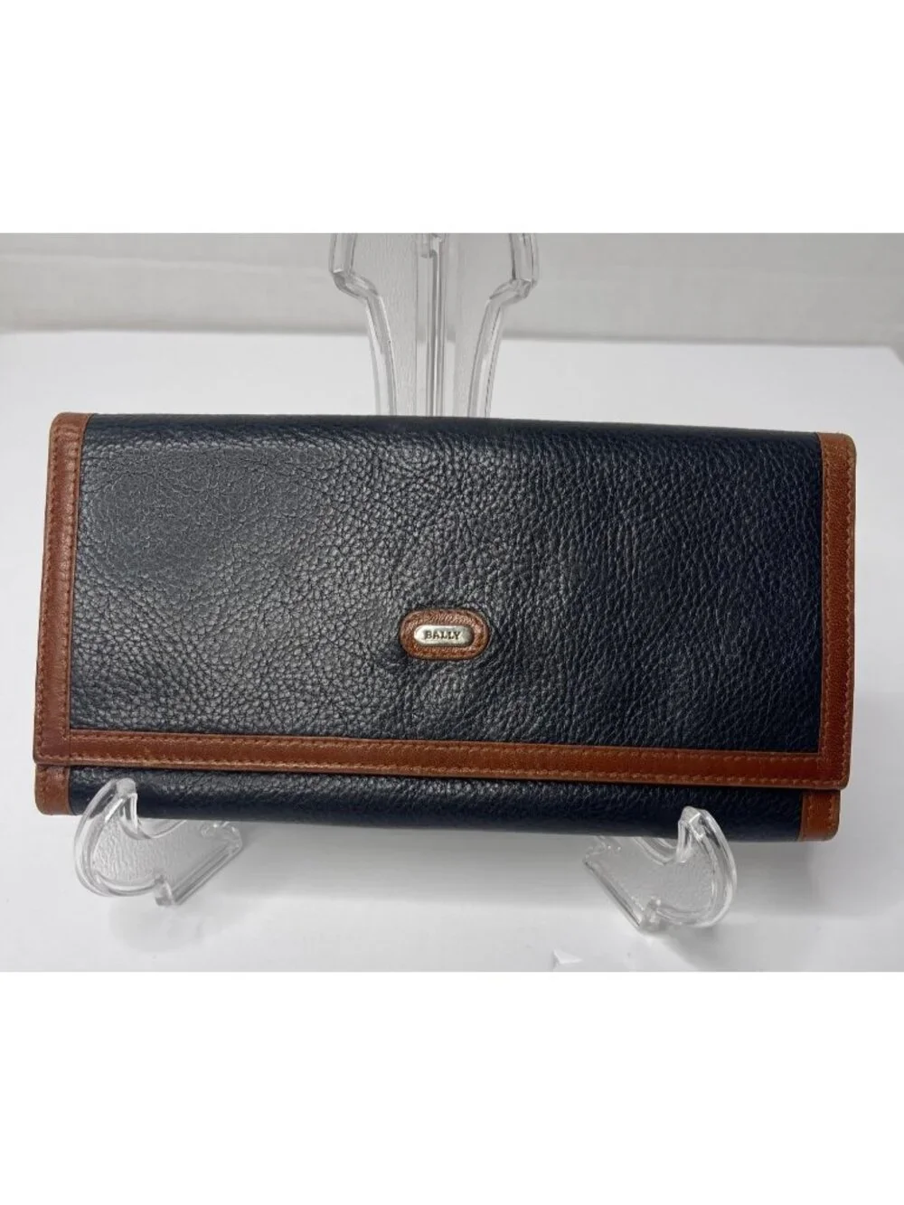 Bally Black & Brown Women's Leather Wallet Tri-Fold Snap Closure Pebbled 7.5X4